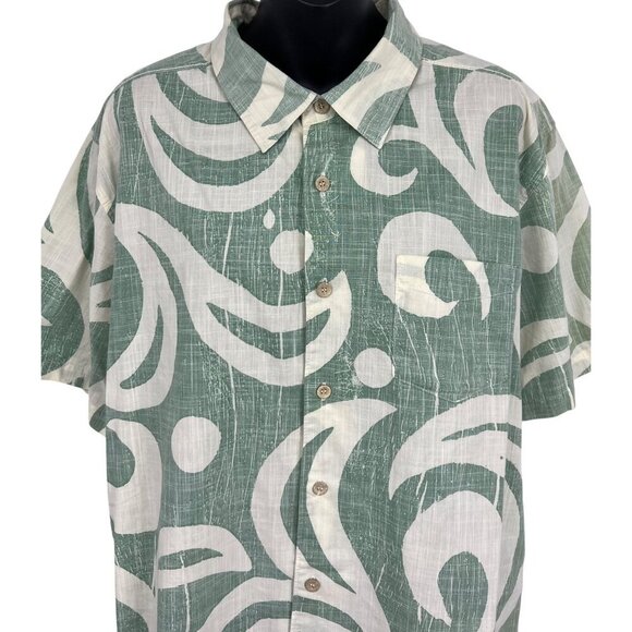 Quiksilver Size Large Mens Green White Abstract Hawaiian Aloha Button-Up Shirt - Picture 2 of 9